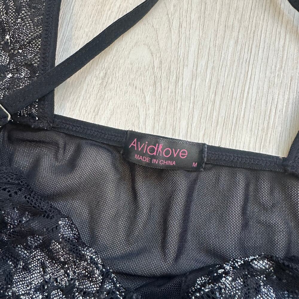 AvidLove black sheer mesh white lace lingerie sexy babydoll chemise dress medium - Picture 4 of 5